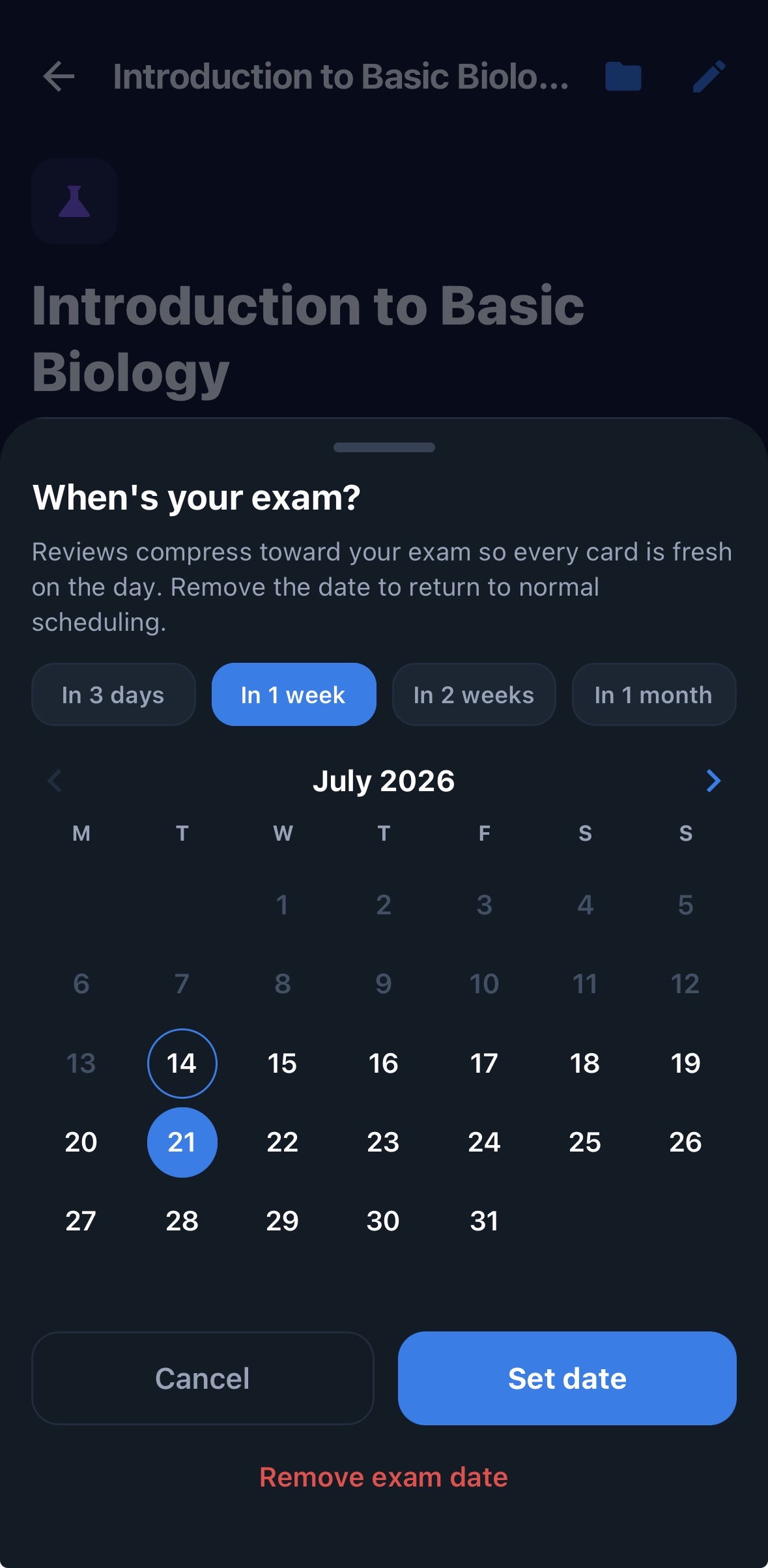 Exam date and countdown screen