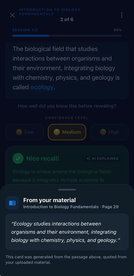 An answered cloze card about ecology with a “From your material” sheet open beneath it, quoting the exact source passage and citing page 29 of the uploaded document.
