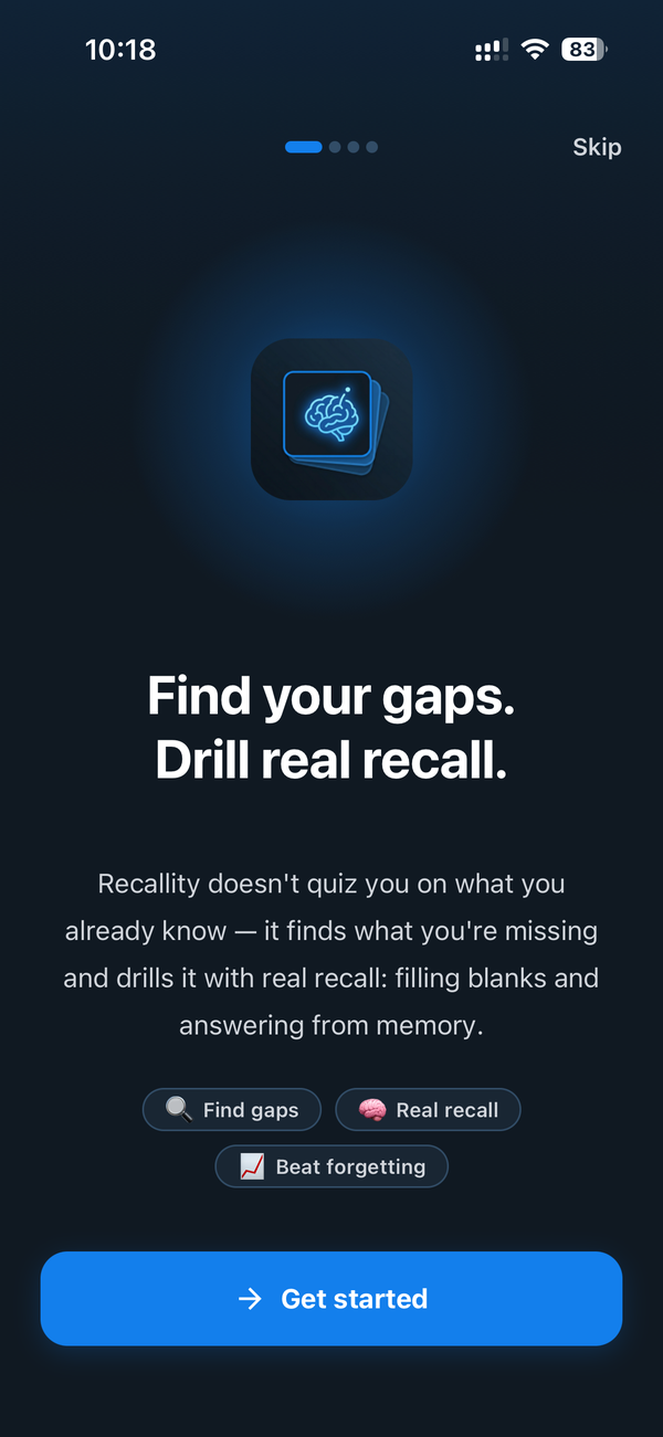 Recallity welcome screen — find your gaps, drill real recall