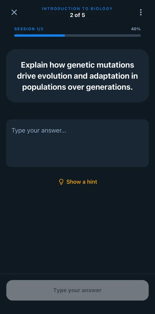 A recall card asking you to explain how genetic mutations drive evolution, with an empty “Type your answer” box below it.