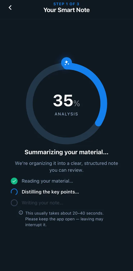 A “Your Smart Note” progress screen at 35% analysis, with a checklist showing “Reading your material” complete and “Distilling the key points” in progress.